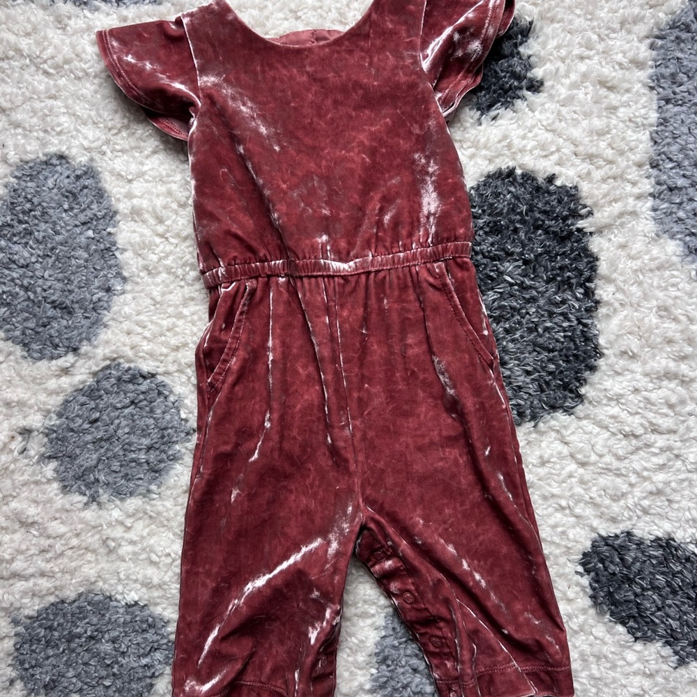 Kids Burgundy Velvet Jumpsuit